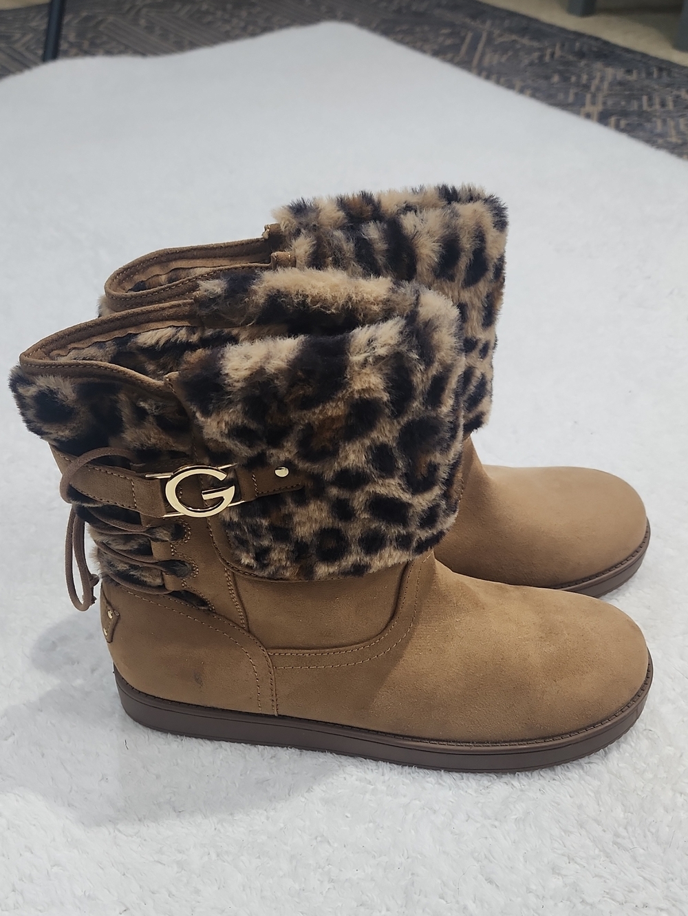 G By Guess Aleya Women's Faux Fur Winter Boots With Foldover Leopard Print Cuff
